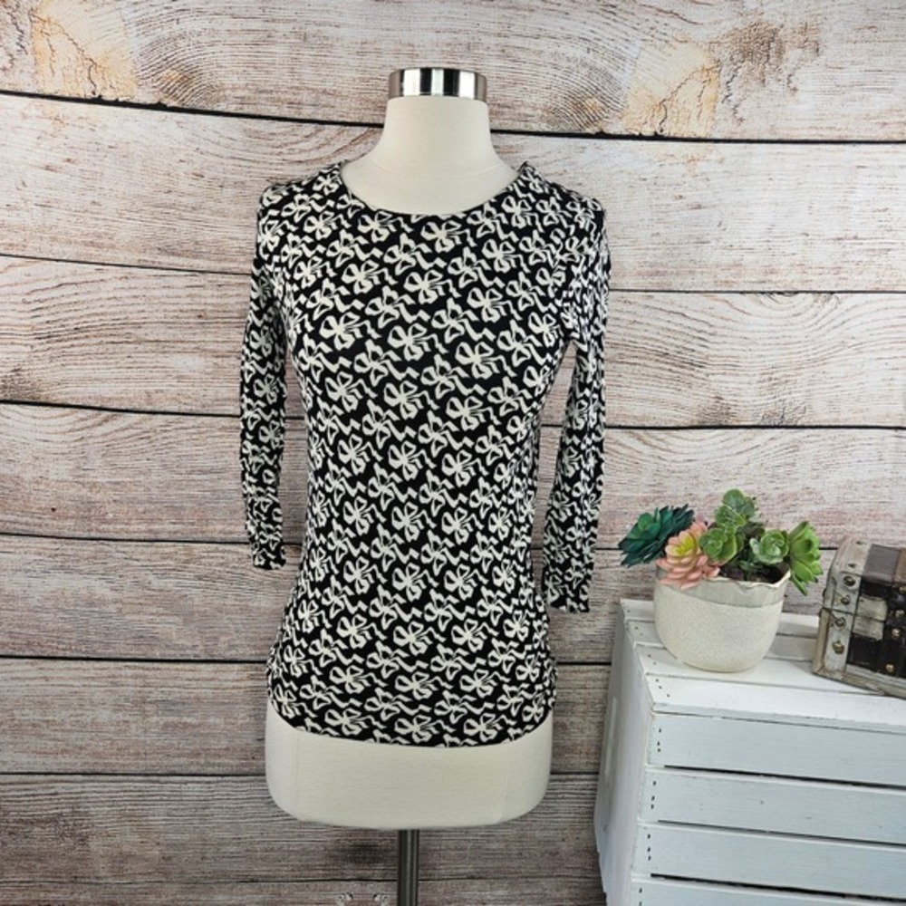 J.Crew XXS Top Black & Ivory Bow Print 3/4 Sleeve Merino Wool Knit Sweater
